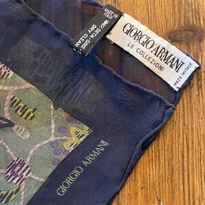 Giorgio Armani Navy edges Silk Scarf w/ Olive Green & Purple Motif 33”x 34”